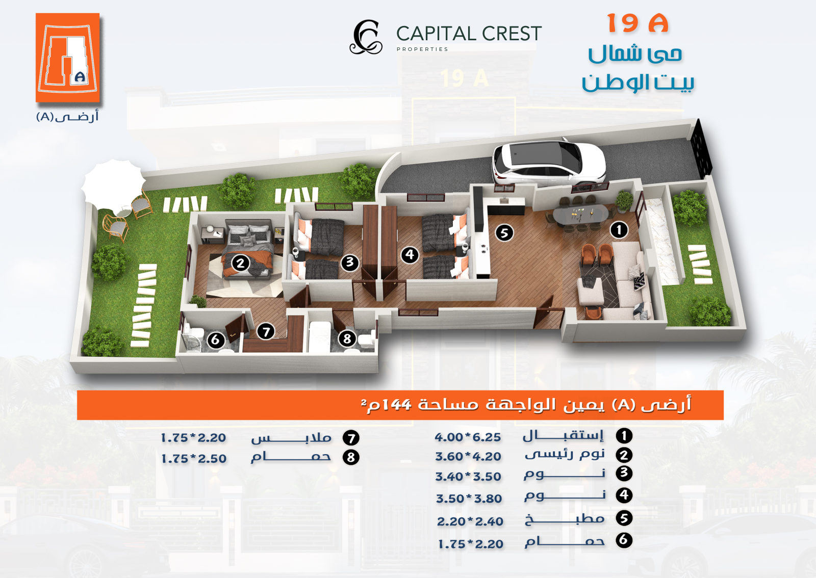 مخطط شمال بيت الوطن · أرضي A · يمين الواجهة · 144 م²