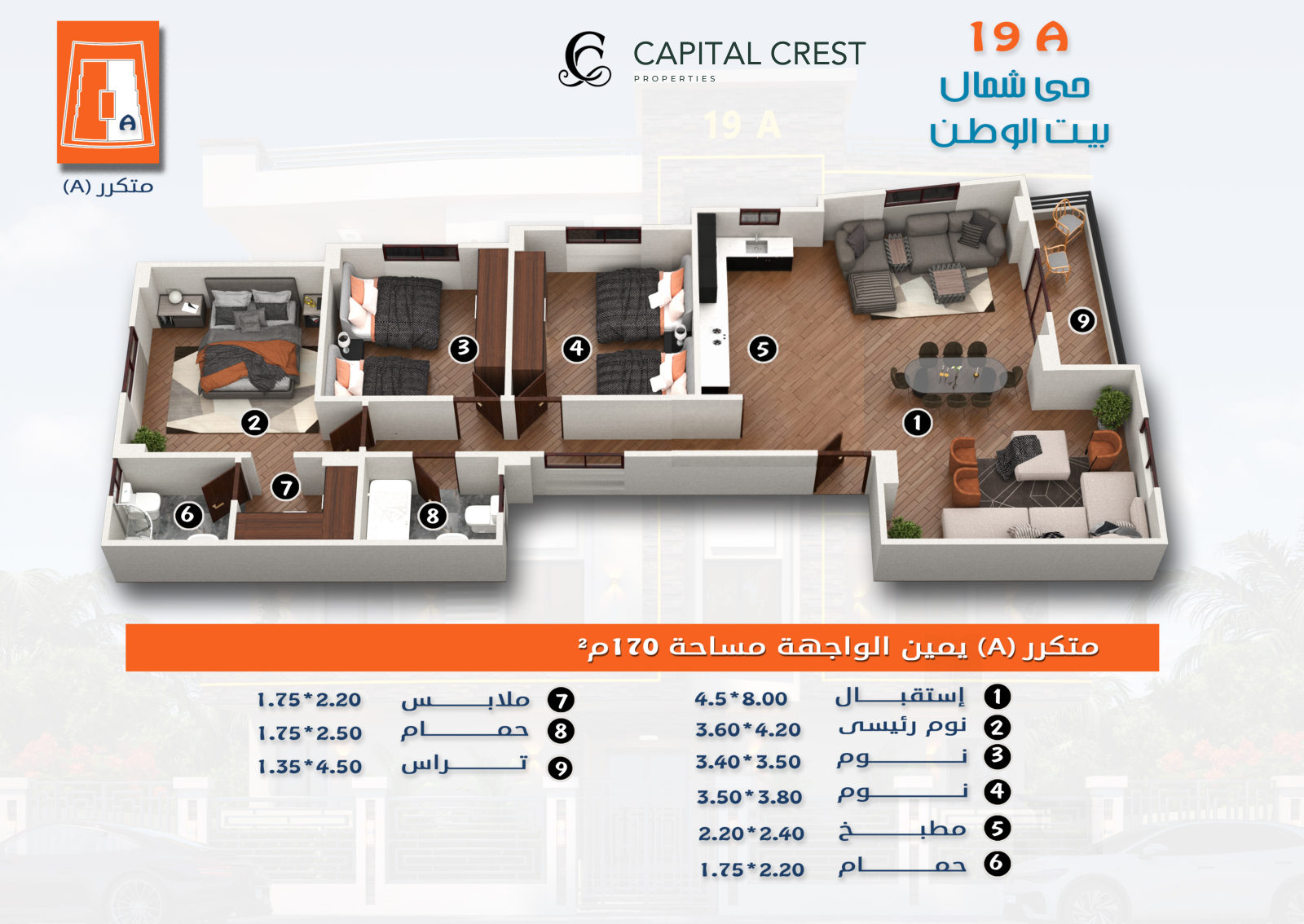 مخطط شمال بيت الوطن · متكرر A · يمين الواجهة · 170 م²