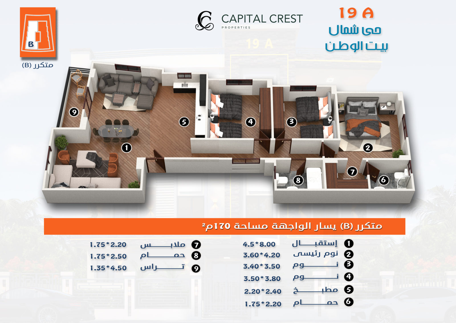 مخطط شمال بيت الوطن · متكرر B · يسار الواجهة · 170 م²